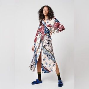Smythe Multicolor Patchwork Scarf Floral Shirt Belt Pockets Work MIDI Dress NWOT